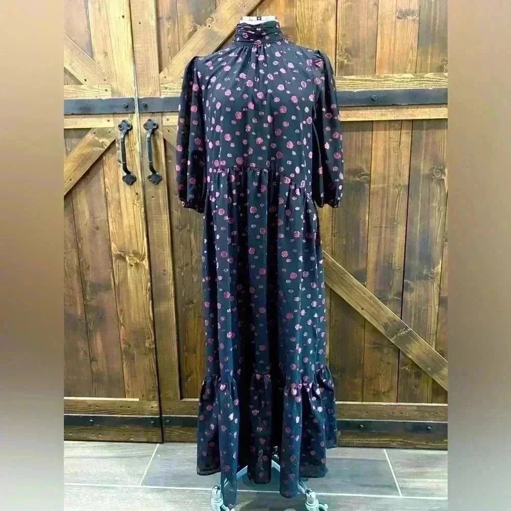 NWT ZARA Pink Polka Dot Voluminous Black Midi Dress Women’s M - Picture 1 of 13